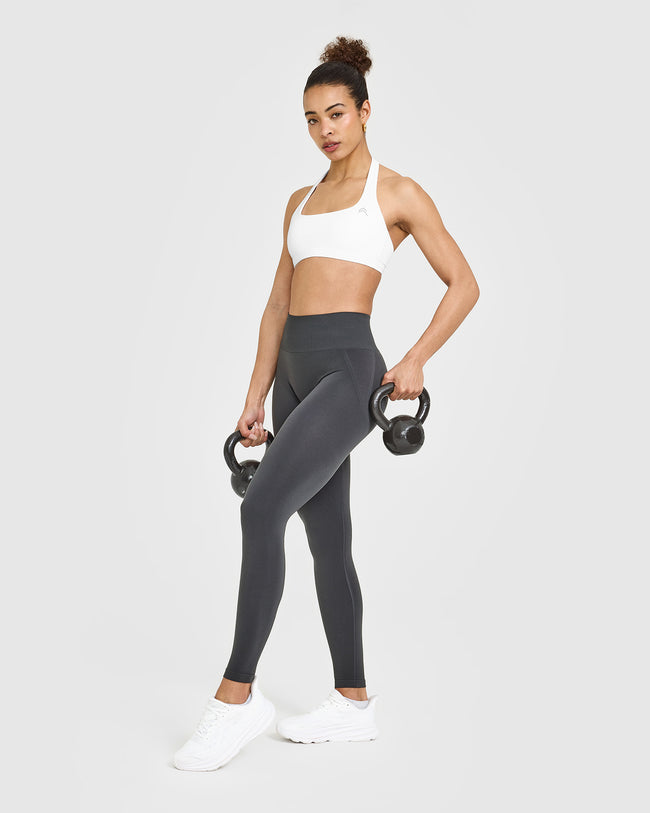 Effortless Seamless Leggings with White Logo | Coal