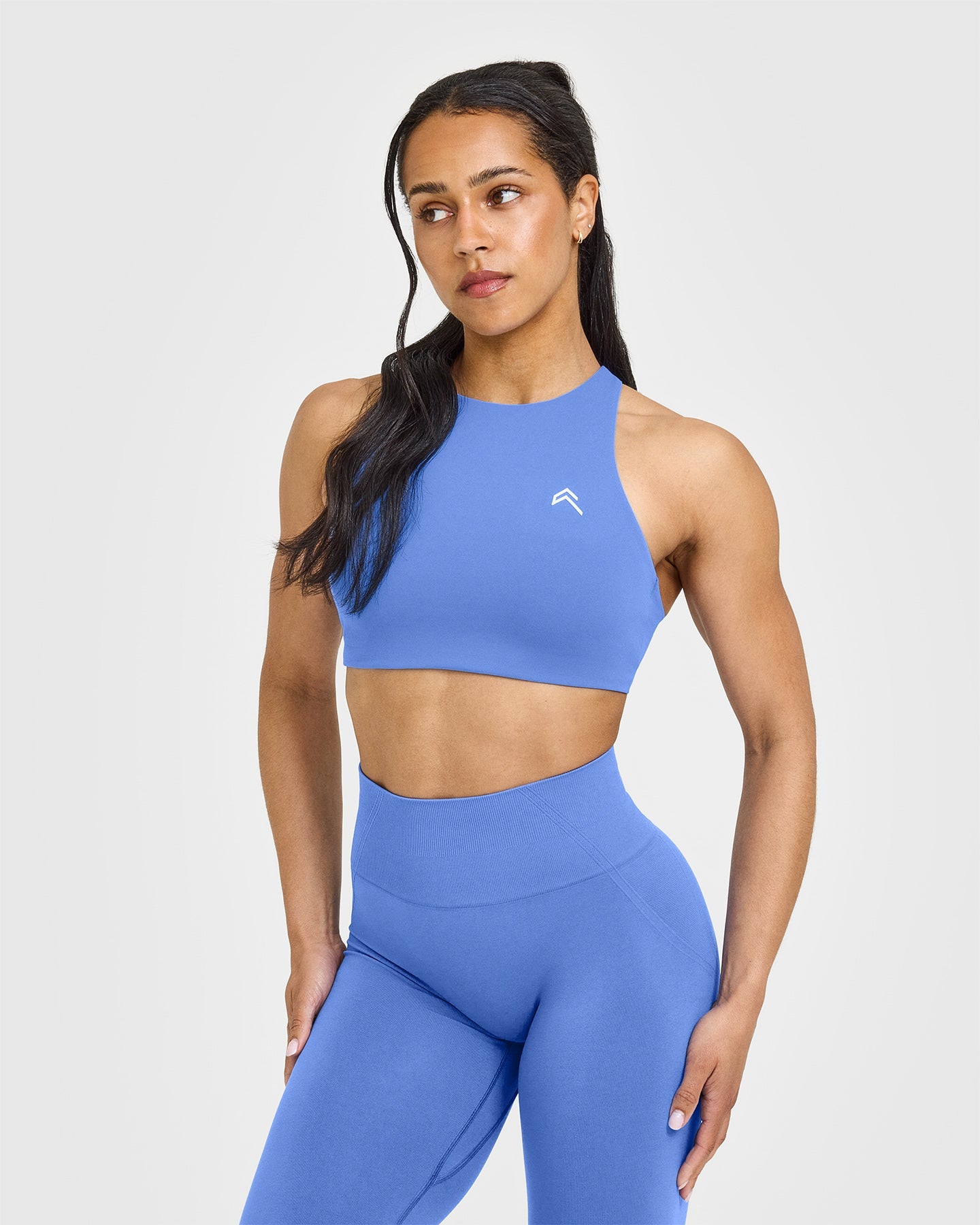 EasyLift™ High Neck Sports Bra with White Logo | Glaucous Blue