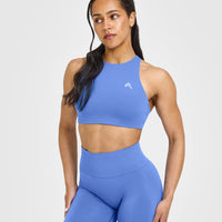 EasyLift™ High Neck Sports Bra with White Logo | Glaucous Blue