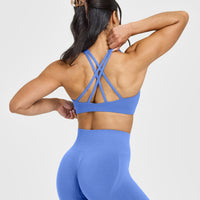 EasyLift™ High Neck Sports Bra with White Logo | Glaucous Blue