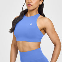 EasyLift™ High Neck Sports Bra with White Logo | Glaucous Blue
