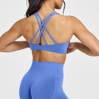 EasyLift™ High Neck Sports Bra with White Logo | Glaucous Blue