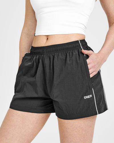 Oversized Piped Woven Track Shorts | Soft Black