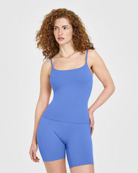 SoftMotion™ Strappy Vest with Built in Bra Shelf with White Logo | Glaucous Blue
