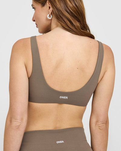 SoftMotion™ Scoop Back Bralette with White Logo | Moss Brown