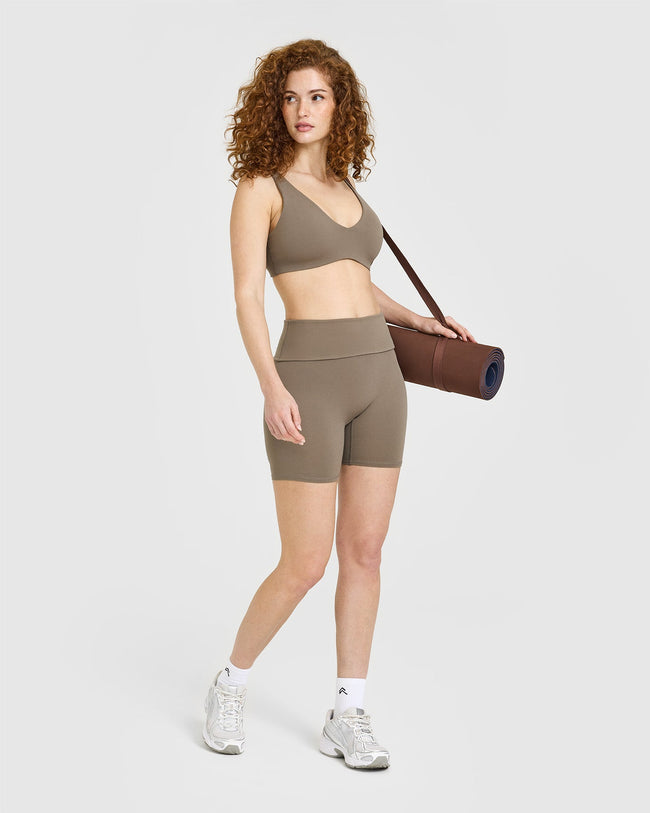 SoftMotion™ Fold Over Shorts 6" with White Logo | Moss Brown