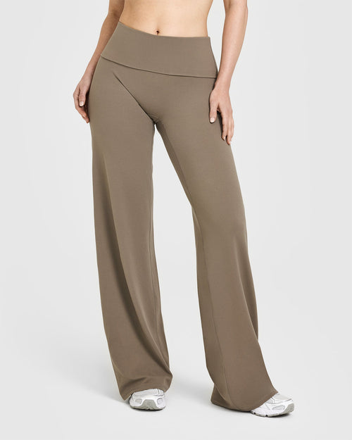 Oner Modal SoftMotion™ Fold Over Straight Leg Bottoms with White Logo | Moss Brown