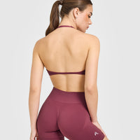EnhanceLift™ Seamless Minimal Halter Neck Bralette with White Logo | Burnt Maroon