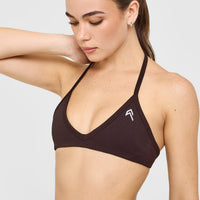EnhanceLift™ Seamless Minimal Halter Neck Bralette with White Logo | Plum Brown
