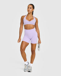 Effortless Seamless Halter Neck Sports Bra with White Logo | Lavender Purple