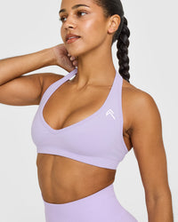 Effortless Seamless Halter Neck Sports Bra with White Logo | Lavender Purple