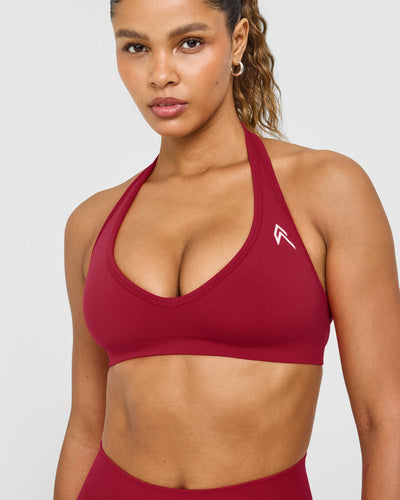 Effortless Seamless Halter Neck Sports Bra with White Logo | Claret Red