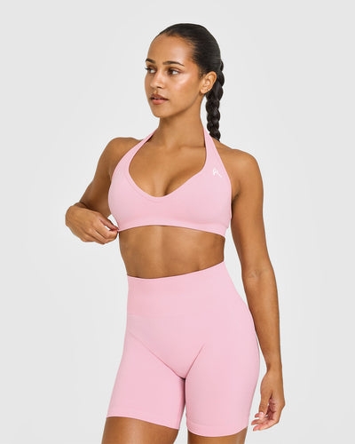 Effortless Seamless Halter Neck Sports Bra with White Logo | Petal Pink