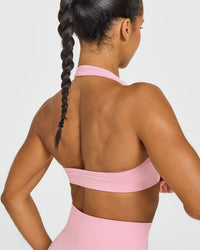 Effortless Seamless Halter Neck Sports Bra with White Logo | Petal Pink