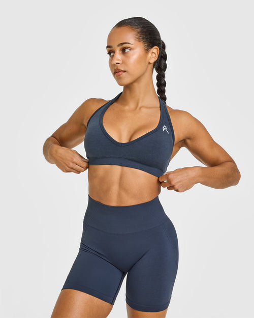 Oner Modal Effortless Seamless Halter Neck Sports Bra with White Logo | True Blue