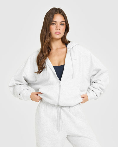 Mid Weight Relaxed Zip Through Hoodie | Light Grey Marl