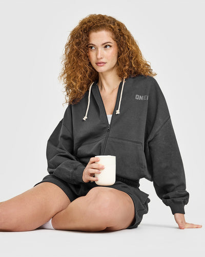 Raw Lounge Oversized Zip Hoodie | Washed Black