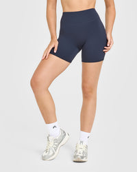 SoftMotion™ High Waisted Shorts 6" with White Logo | True Blue
