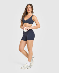 SoftMotion™ High Waisted Shorts 6" with White Logo | True Blue