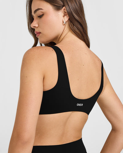 SoftMotion™ Scoop Back Bralette with White Logo | Black