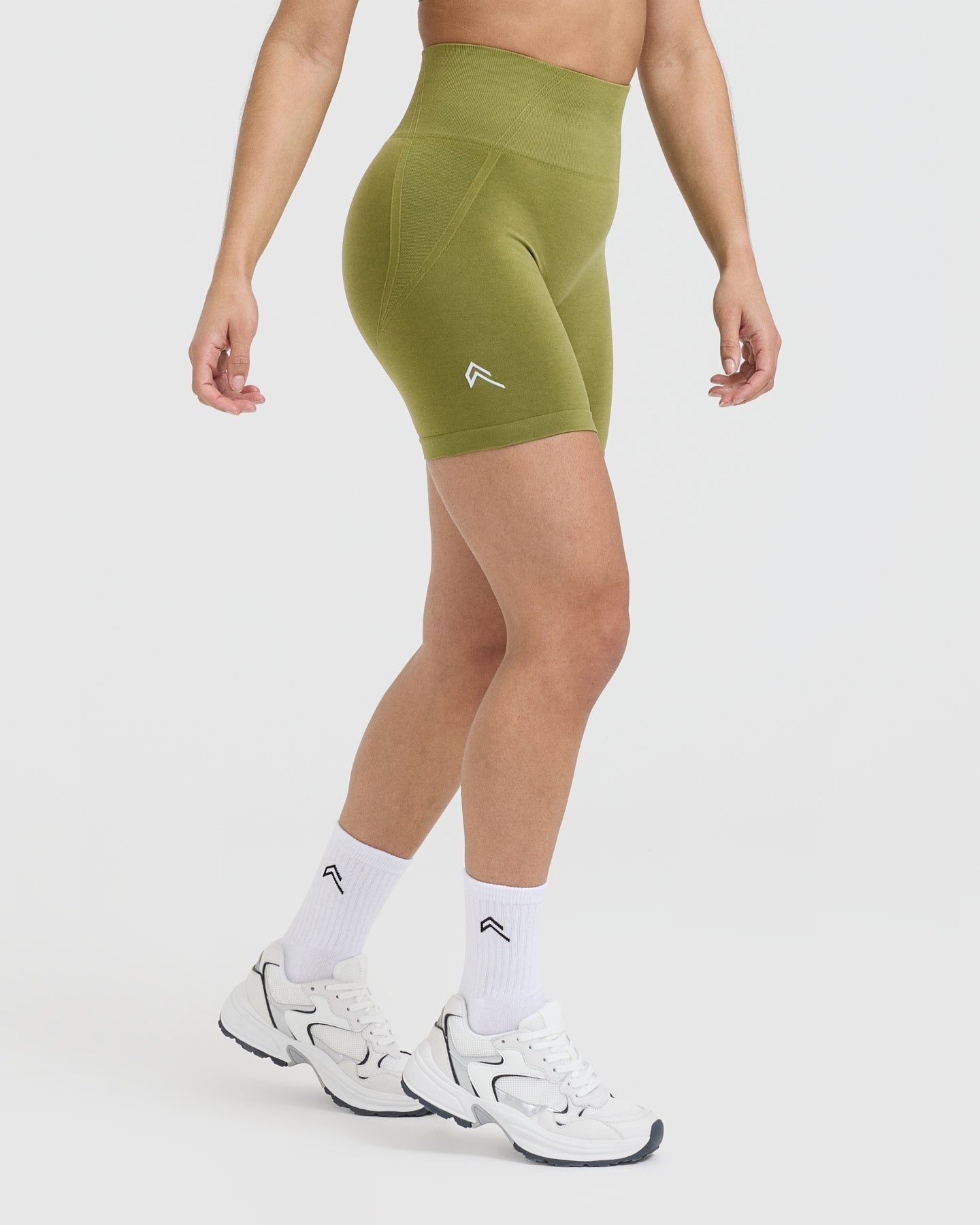 Effortless Seamless Shorts with White Logo | Olive Green