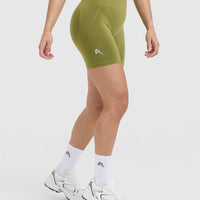 Effortless Seamless Shorts with White Logo | Olive Green