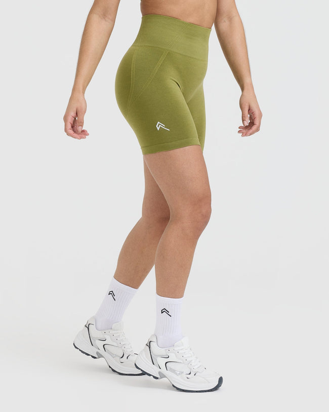 Effortless Seamless Shorts with White Logo | Olive Green