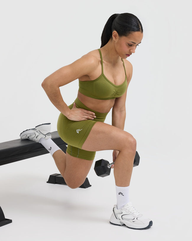 Effortless Seamless Shorts with White Logo | Olive Green