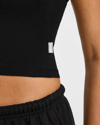 Cotton Fitted Mid Vest with Grey Logo | Black