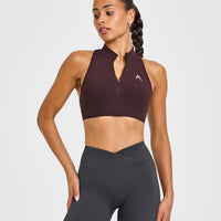 EasyLift™ Zip High Neck Sports Bra with White Logo | Plum Brown