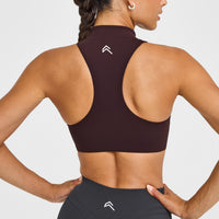EasyLift™ Zip High Neck Sports Bra with White Logo | Plum Brown