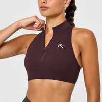 EasyLift™ Zip High Neck Sports Bra with White Logo | Plum Brown