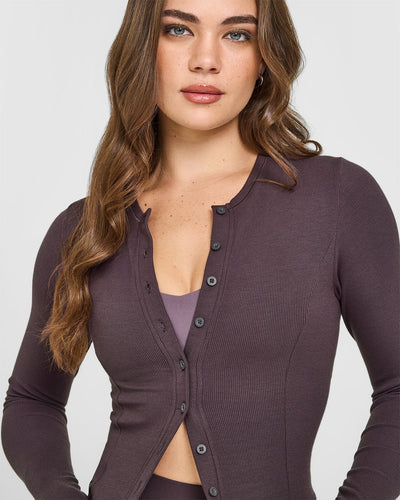 Mellow™ Rib Mid Long Sleeve Cardigan | Umber Brown