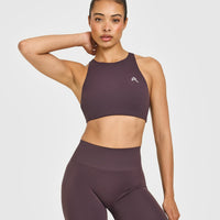 EasyLift™ High Neck Sports Bra with White Logo | Dark Umber Brown
