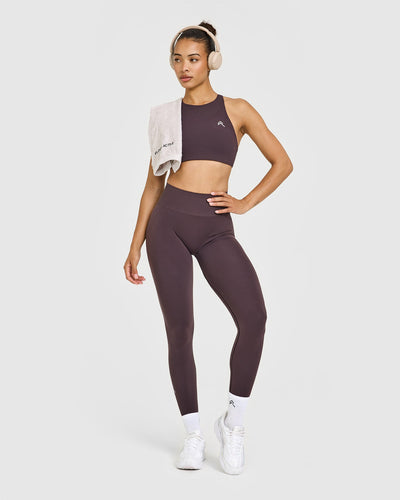 EasyLift™ High Neck Sports Bra with White Logo | Dark Umber Brown