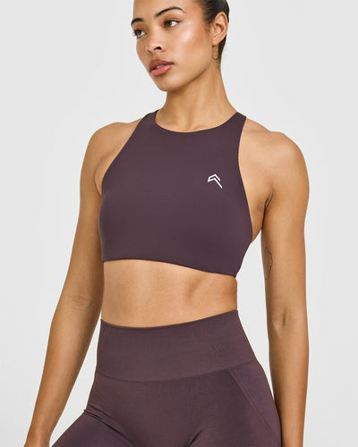EasyLift™ High Neck Sports Bra with White Logo | Dark Umber Brown