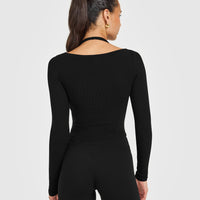 Mellow™ Rib V Neck Mid Long Sleeve Top | Black