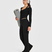 Mellow™ Rib V Neck Mid Long Sleeve Top | Black