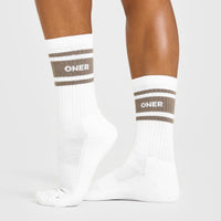 Varsity Long Crew Socks 1 Pack | White/Moss Brown