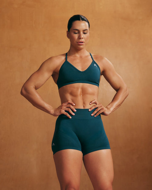 EnhanceLiftâ„¢ Seamless Shorts with White Logo | Washed Oil Blue