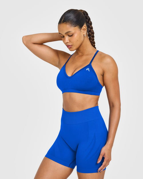 EnhanceLiftâ„¢ Seamless Strappy Sports Bra with White Logo | Cobalt Blue