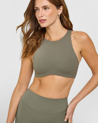 SoftMotion™ High Neck Sports Bra with White Logo | Alpine Green