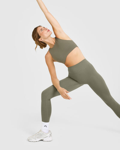 SoftMotion™ High Neck Sports Bra with White Logo | Alpine Green