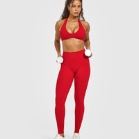 SoftMotion™ Minimal Halter Neck Bralette with White Logo | Light Toasted Red