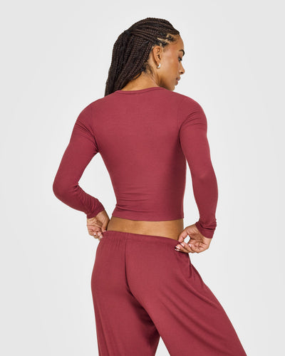 At Home Night Button Down Long Sleeve Top | Burnt Maroon Red