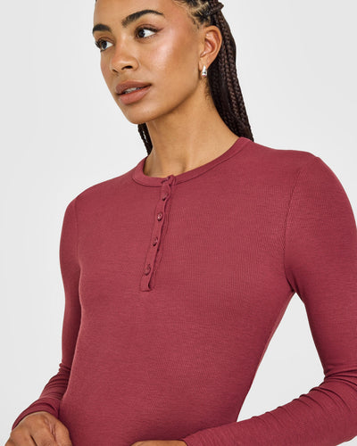 At Home Night Button Down Long Sleeve Top | Burnt Maroon Red