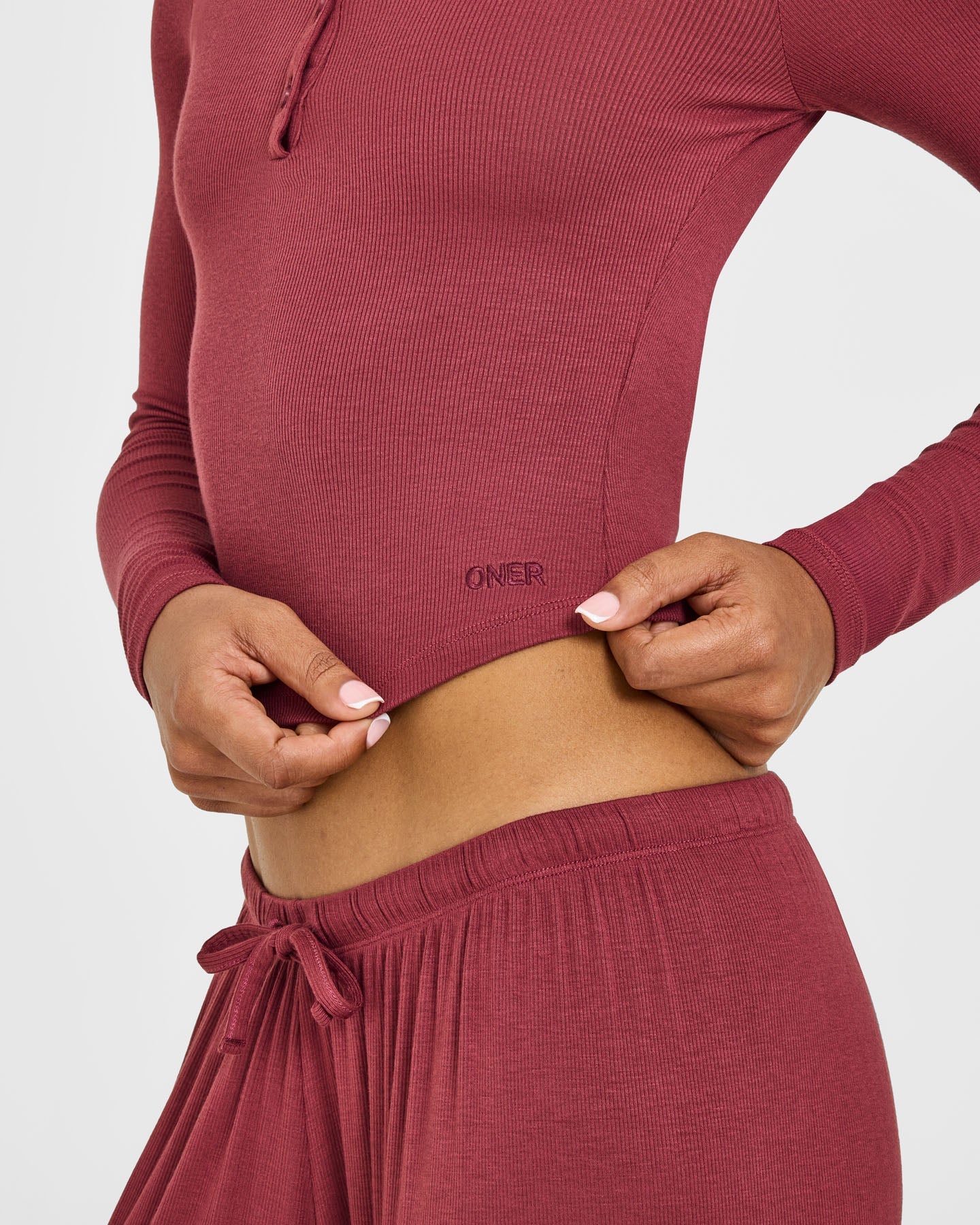 At Home Night Button Down Long Sleeve Top | Burnt Maroon Red