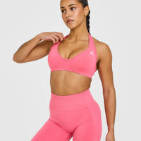 Effortless Seamless Halter Neck Sports Bra with White Logo | Hot Girl Pink