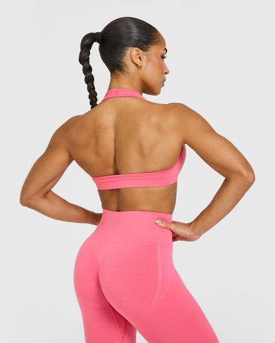 Effortless Seamless Halter Neck Sports Bra with White Logo | Hot Girl Pink