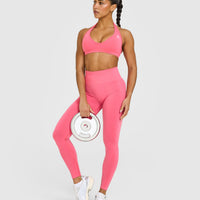 Effortless Seamless Halter Neck Sports Bra with White Logo | Hot Girl Pink